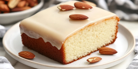 Elegant Vanilla Cake with Rich Caramel Drizzle and Crunchy Sliced Almonds on a Beautiful Plateの素材
