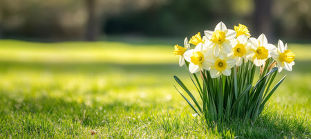 Vibrant Daffodils in Full Bloom Under the Warm Spring Sunlight, Creating a Picturesque Meadow Sceneの素材