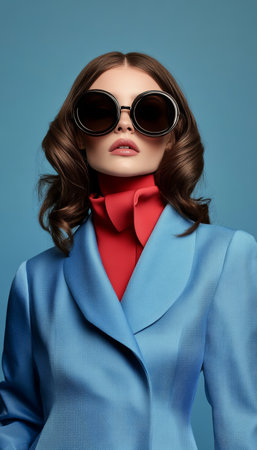 Stylish Modern Woman with Flawless Makeup, Sleek Waves, and Fashionable Sunglasses in Trendy Outfitの素材