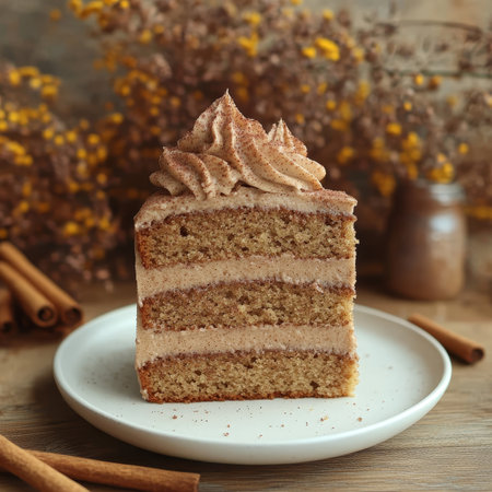 Exquisite Layered Cake Slice with Cinnamon Frosting, Perfect for Afternoon Celebrations and Dessertsの素材