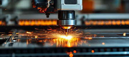 Robotics Technology Cutting Aluminum with Bright Orange Sparks in Precision Industrial Manufacturingの素材