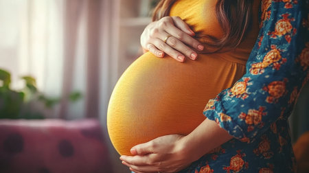 Loving Hands and Warm Embrace Celebrating the Joys of Pregnancy in a Beautiful Mustard Dressの素材