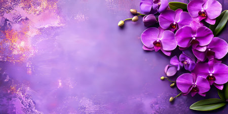 Stunning Floral Arrangement Featuring Exotic Purple Orchids on a Soft Bright Purple Backgroundの素材