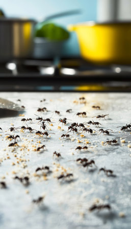 Ants Crawling on Unsanitized Kitchen Countertop, Highlighting Food Hygiene Issues and Decompositionの素材