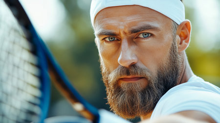 Intense athlete s gaze captures focus, strength, and precision during competitive sporting action.の素材