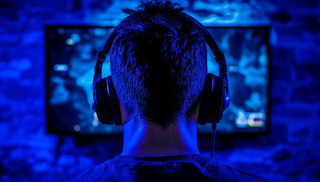 Focused Gamer Immersed in Intense Gameplay with Headphones, Engaged with Digital Screen at Nightの素材