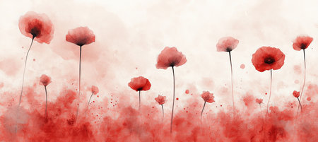 Delicate Watercolor Poppy Meadow Painting in Soft Dusty Rose Tones for Elegant Interior Decorationの素材