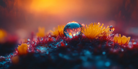 Morning Dewdrops Dance on Lush Green Grass and Colorful Flora, Capturing Nature s Serene Beautyの素材