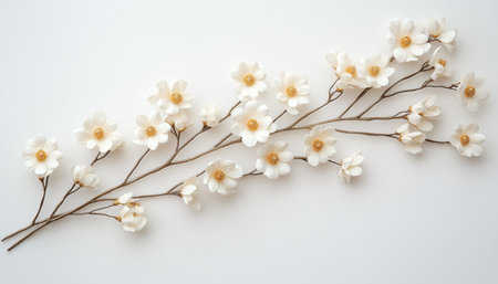 Beautifully Arranged Simulated White Dogwood Blossoms on Thin Stalks, Overhead View, Elegant Decorの素材