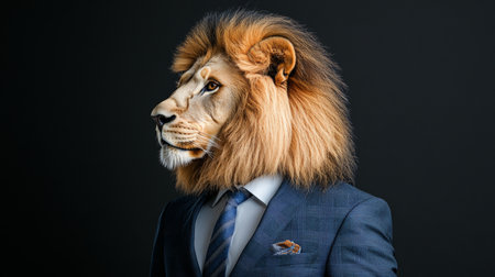 A Regal Lion in Profile Adorned with a Tailored Suit Symbolizing Leadership, Power, and Eleganceの素材