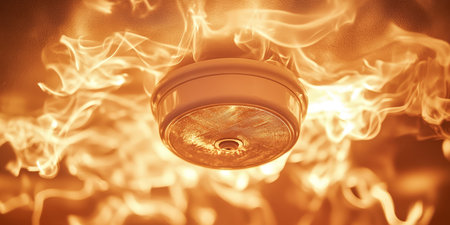 Smoke Alarm in a Dramatic Cloud of Theatrical Smoke, Essential Fire Safety Measure for Home Securityの素材