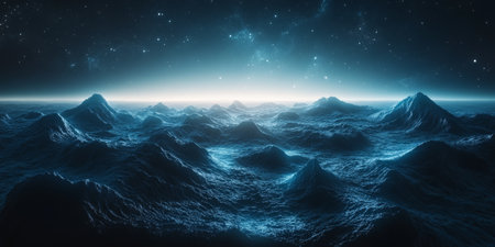 Celestial Oceanic Landscape with Mystical Mountains and a Tranquil Depths Under a Cosmic Horizonの素材