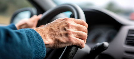 Close Up Shot of a Driver s Hands Gripping the Steering Wheel While Driving Safely and Confidentlyの素材