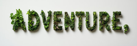 Lush Green Typography Composed of Foliage Inviting Adventure and Exploration in Nature s Embraceの素材