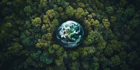 Aerial View of a Lush Green Forest Surrounding a Globe, Symbolizing Unity and Climate Awarenessの素材