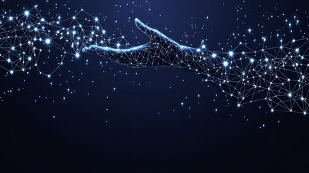 Hand Reaching Out to an Abstract Network of Glowing Dots and Lines Representing Innovationの素材