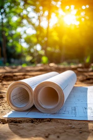 Construction Planning on Location with Rolled Blueprints Under Bright Sunlight for Future Projectsの素材
