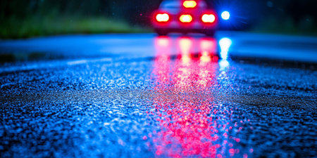 Police Car Lights Reflecting on Wet Road in Rainy Evening, Emphasizing Safety and Inspection Needsの素材