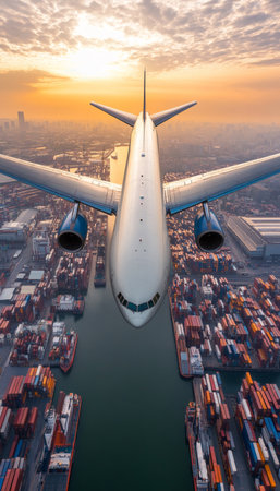 Dramatic Sunset Over Cargo Hub Airplane Delivering Global Logistics and Connecting Supply Chainsの素材