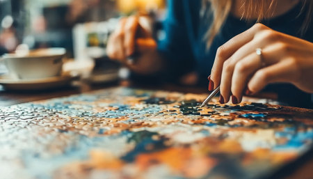Engaging in a Colorful Jigsaw Puzzle at a Cozy Coffee Shop, Enjoying Relaxation and Leisure Timeの素材