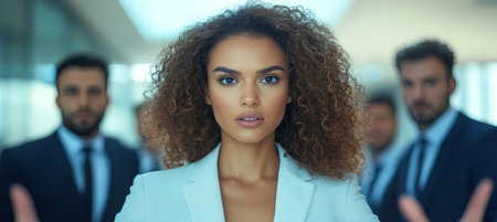 Confident Businesswoman Standing in Modern Office with Colleagues, Showcasing Leadershipの素材
