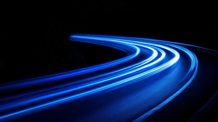 Dynamic Electric Velocity, Futuristic Car Light Trails on Curved Road at Night, Vibrant Abstract Artの素材