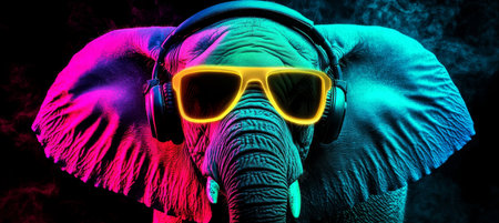 Colorful and Energetic Elephant DJ with Headphones and Sunglasses in a Neon Party Atmosphereの素材