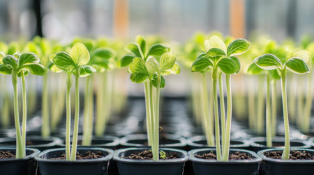 Closeup of hosta seedlings indoors with lush leaves, signaling the vibrant arrival of spring.の素材