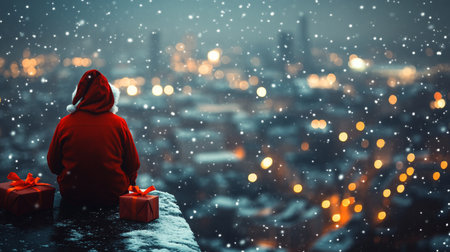 Santa Claus Enjoying the Beautiful Christmas Night View with Snowfall Over a Festively Lit Cityの素材