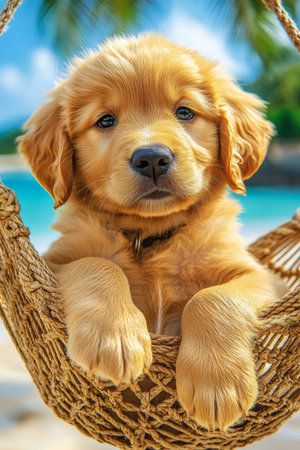 Golden Retriever Puppy Relaxing in Hammock on a White Sand Beach, Perfect for Vacation Blissの素材