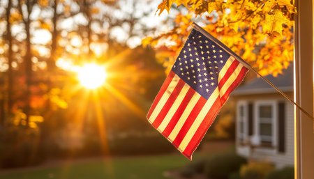 A Beautiful American Flag Waves Gracefully from the Porch of a Charming Two-Story Home in Sunshineの素材
