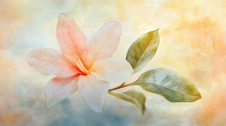 Beautiful Watercolor Painting of a Delicate Pale Flower with Peach Centers and Golden Leavesの素材