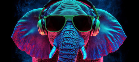 Vibrant Disco Party Scene with Neon Lights, Stylish DJ Animal, and Funky Fashionable Vibes for Funの素材