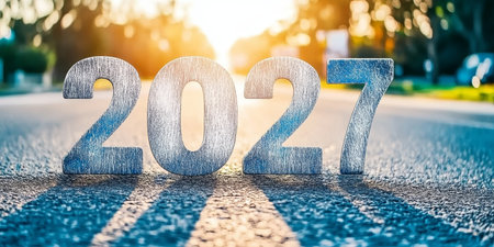A Scenic Road Journey Towards the Future in 2027 Aspiration and Determination Under Bright Sunlightの素材
