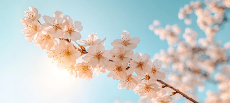 Beautiful Cherry Blossom Branch in Bloom Under a Clear Blue Sky, Embracing the Spirit of Springtime.の素材