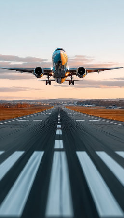A Majestic Airplane Taking Off from a Lush Green Airstrip Under a Bright Blue Sky with Cloudsの素材