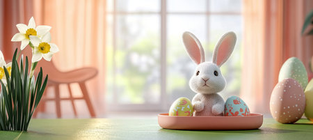 Charming rabbit springtime Easter arrangement with vibrant colors in a delightful garden settingの素材