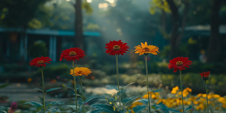 Delicate Zinnia Flowers in a Garden at Sunset with Diffused Sunlight Creating a Charming Atmosphereの素材