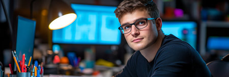 Interior Architect at Digital Workstation with Monitors, Tools, and Blueprints Designing Projectsの素材