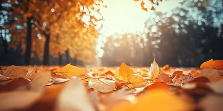 Autumnal Scene in a Lush Forest with Warm Colors and Vibrant Foliage Covering the Groundの素材