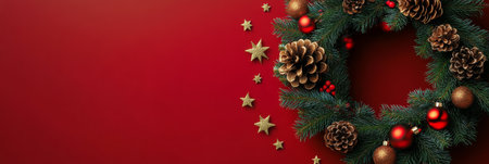 Festive Christmas Arrangement with Pine Branches, Ornaments, and Golden Stars for Holiday Cheer.の素材