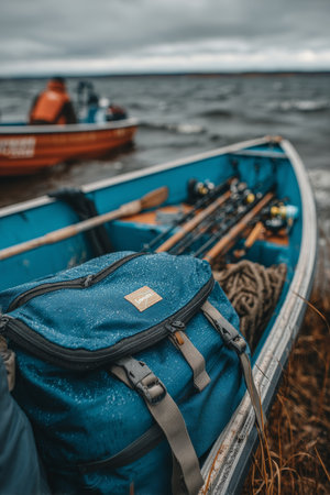 Serene Fishing Boat on Shore with Fishing Gear and Blue Backpack for a Perfect Riverbank Adventureの素材