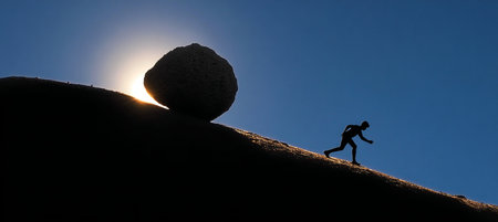 Silhouette Challenge Man Climbing Boulder Under Bright Sun, Symbolizing Strength and Willpowerの素材