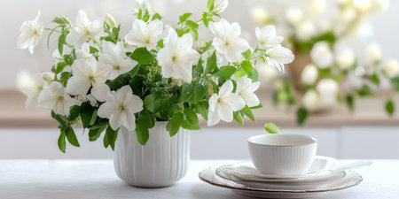 Elegant and Serene Dining Scene with Minimalist Decor, White Flowers, and Exquisite Tablewareの素材