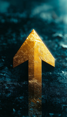 Golden Arrow Rising Upwards Symbolizing Success, Advancement and Business Growth on Dark Backgroundの素材
