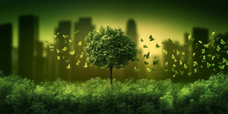 Green cityscape featuring blossoming trees, futuristic buildings, and a thriving ecosystem.の素材