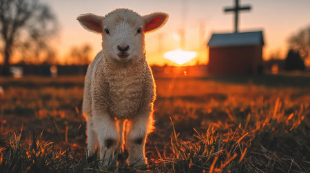 A Young Lamb Standing Gracefully in a Serene Field at Sunset, Symbolizing Faith and Innocenceの素材