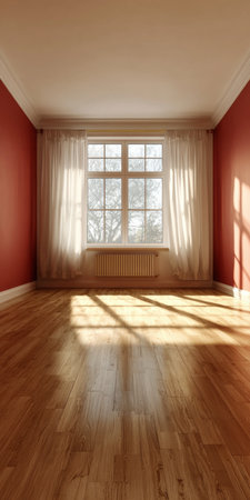 Bright and Inviting Empty Room with Warm Red Walls and Natural Light in a Modern Minimalist Styleの素材