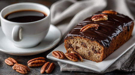Deliciously Decadent Chocolate Chip Cake with Pecans, Freshly Baked and Perfectly Presented Dessertの素材