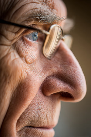 Elderly Man in Thoughtful Contemplation, Bathed in Warm Light, Wrinkles and Glasses Highlight Focusの素材